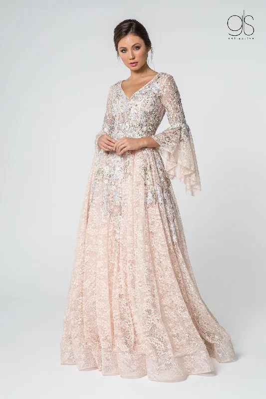 sequin evening dress for summer -Embroidered Lace Ballgown with Bell Sleeves by Elizabeth K GL1592