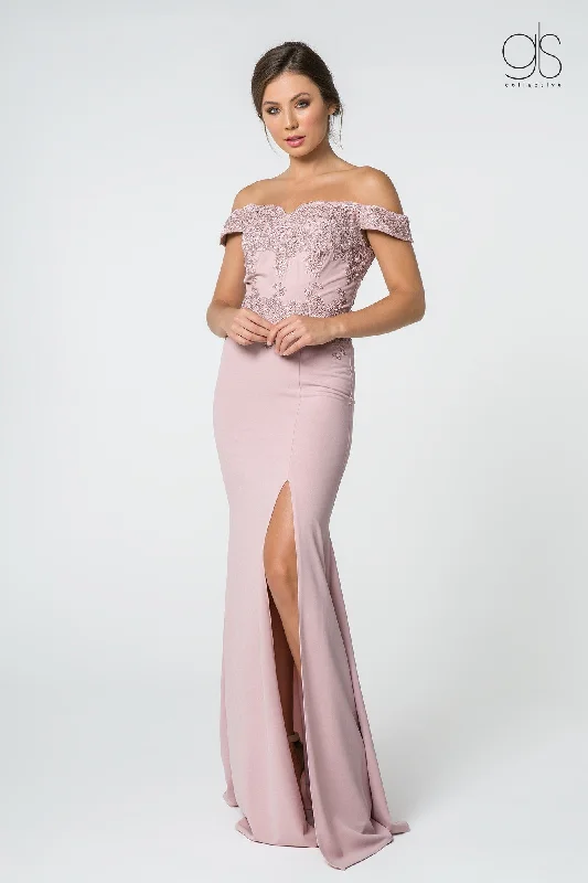 short evening dress for summer -Embroidered Long Off Shoulder Dress with Slit by Elizabeth K GL2708