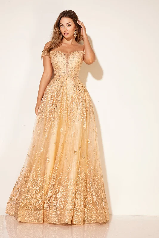 sequin evening dress for summer -Embroidered Off Shoulder A-line Gown by Lucci Lu C8090