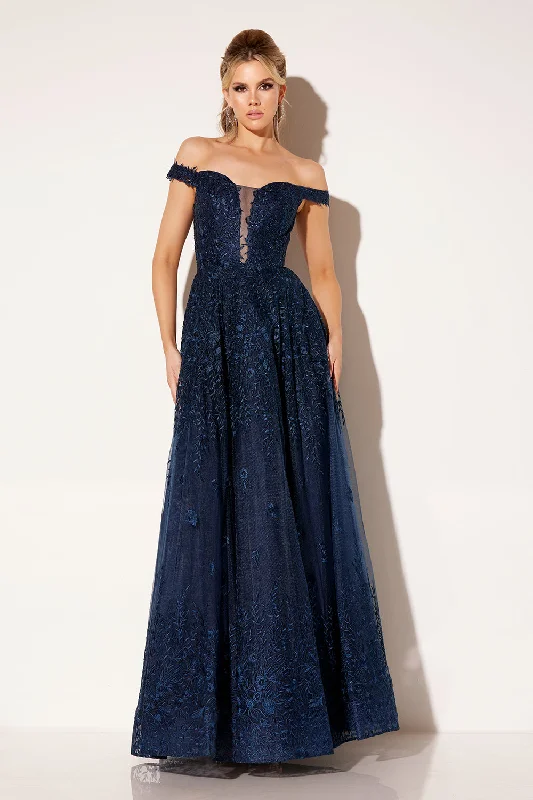 gold evening dress for summer -Embroidered Off Shoulder Gown by Lucci Lu C8090