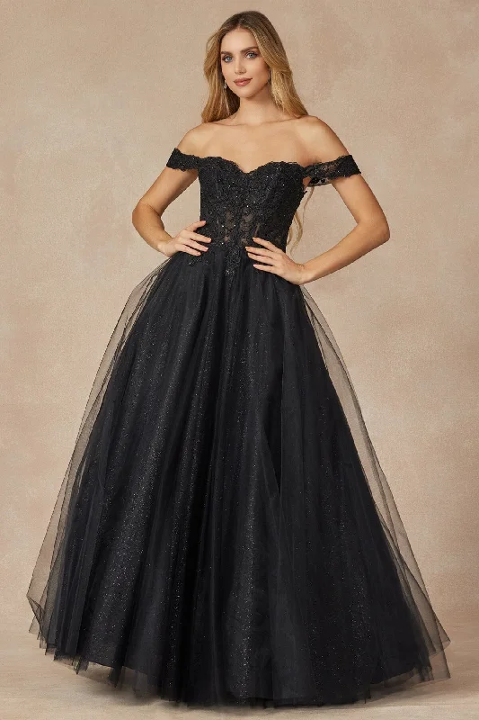 black evening dress for summer -Embroidered Off Shoulder Tulle Gown by Juliet 280