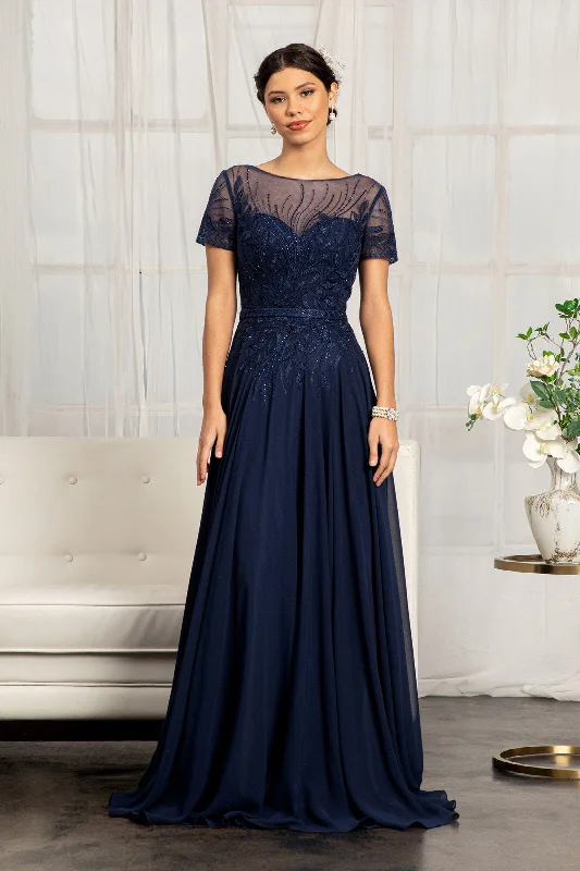 formal evening dress for summer -Embroidered Short Sleeve Gown by Elizabeth K GL3067