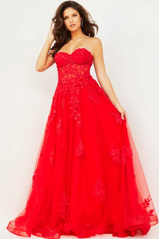 affordable evening dress online -Embroidered Strapless A-line Gown by Jovani 07901