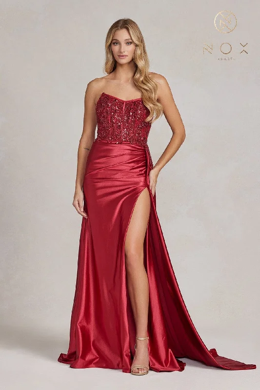 sequin evening dress for summer -Embroidered Strapless Slit Gown by Nox Anabel E1174