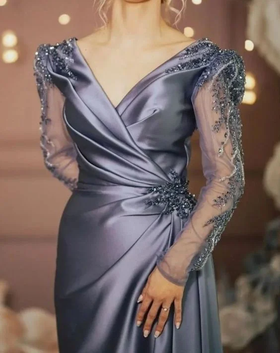 satin evening dress for summer -Evening Formal Dresses Long Sleeves V Neck Beaded Elegant Women Wear Prom Dresses cc688