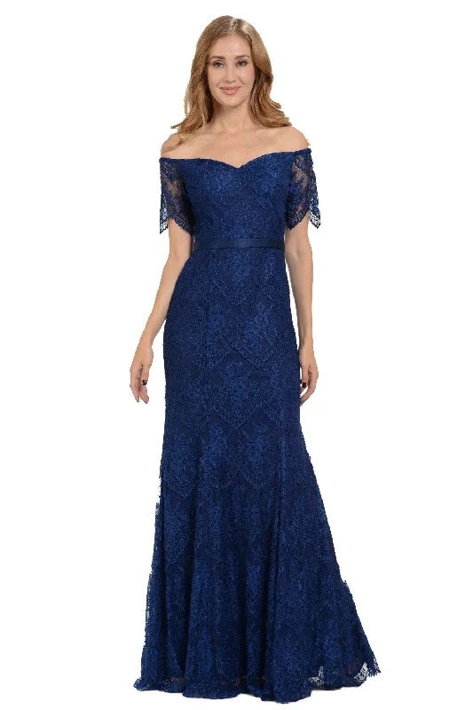 stylish evening dress for summer -Fitted Long Off Shoulder Lace Dress by Poly USA 8030