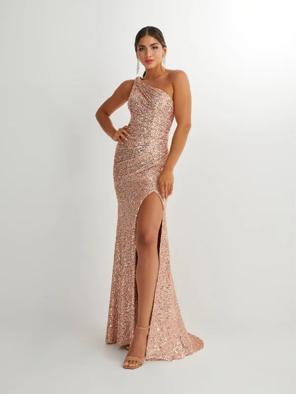 pink evening dress for summer -Fitted Sequin One Shoulder Slit Gown by Studio 17 12906