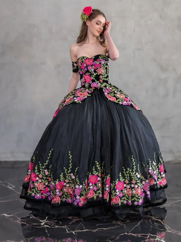 velvet evening dress for summer -Floral Charro Off Shoulder Ball Gown by Calla SCL30016