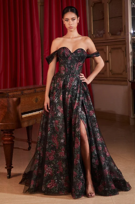 elegant evening dress for summer -Floral Print Off Shoulder Corset Slit Gown by Ladivine CD806