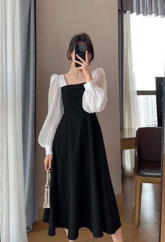 short evening dress for prom -French Contrast Color Patchwork Square Neck Puff Sleeve Prom Dress cc604