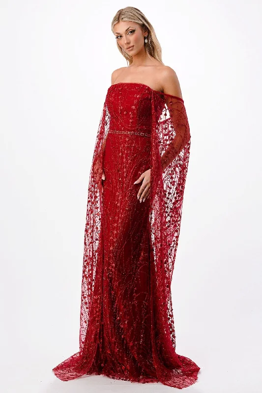 modern evening dress for summer -Glitter Off Shoulder Cape Mermaid Dress by Coya P2300