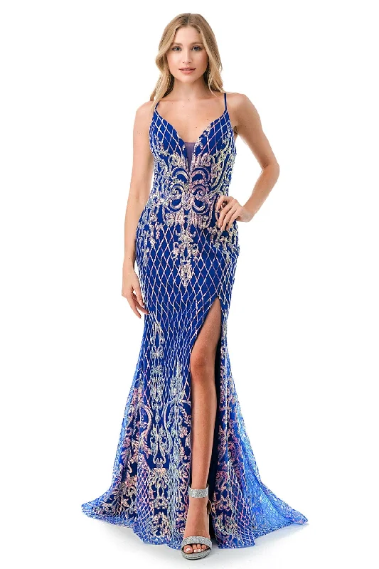 glamorous evening dress for gala -Glitter Print Fitted Lace-Up Back Gown by Coya L2692