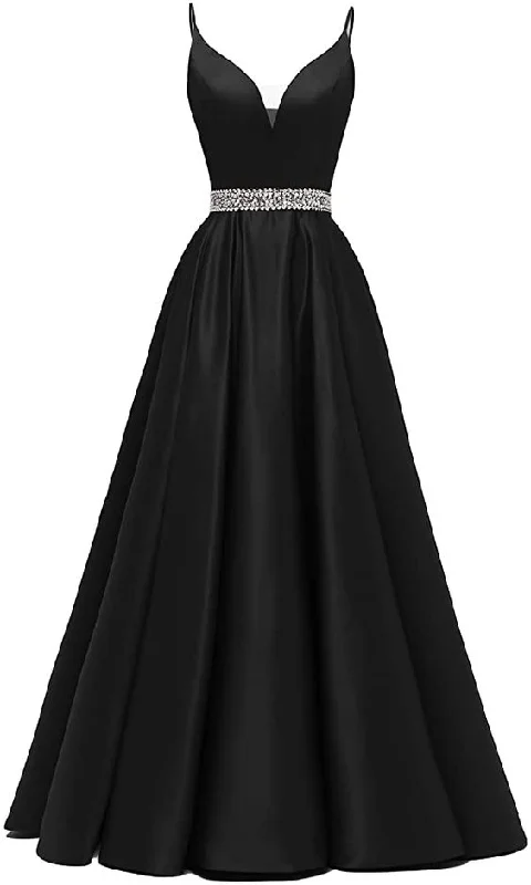 lace evening dress for summer -Glitter Spaghetti Straps Prom Dress Long Beaded Satin V-Neck Formal Evening Gowns cc329