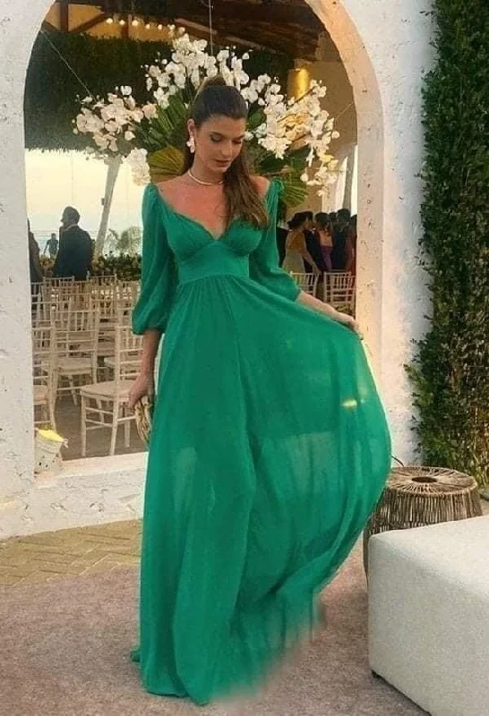 chic evening dress for dinner -Green A-line Prom Dress Long Sleeves Fashion Evening Dress cc832