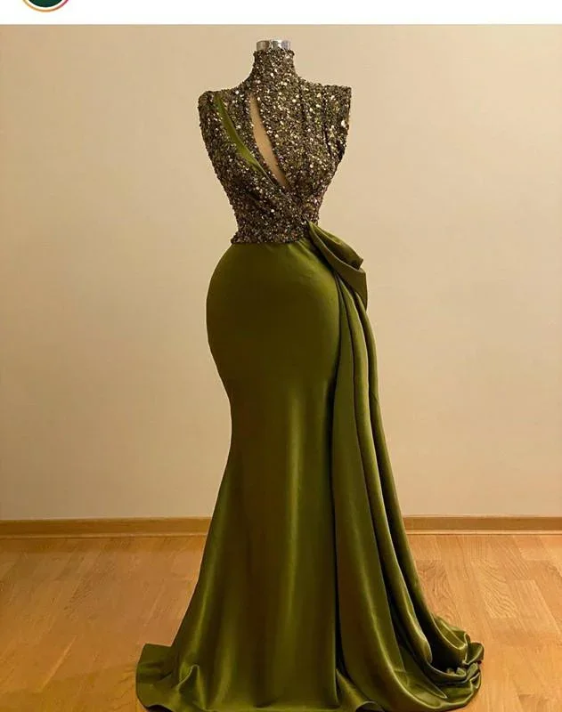 gold evening dress for summer -Green Crystal Beaded Vintage Mermaid Prom Dresses High Neck Evening Gown Saudi Arabic Long Formal Party Gown cc489