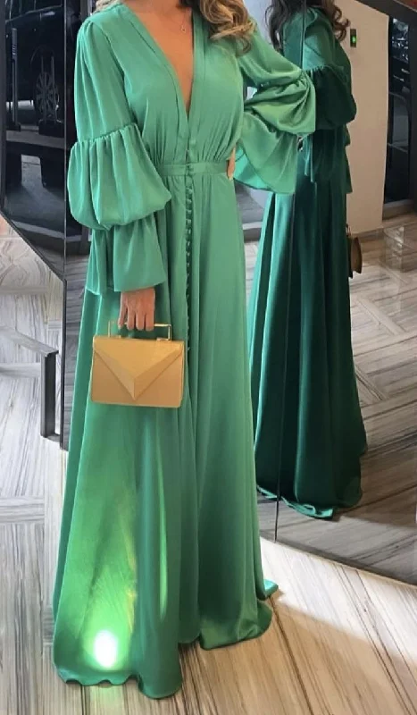 gold evening dress for summer -Green Long Sleeves V Neck Prom Dress,Green Formal Gown cc725