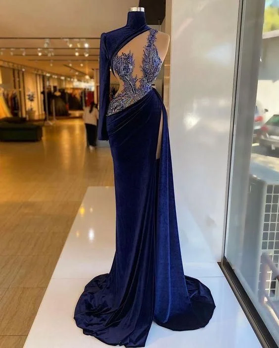 lace evening dress for summer -High Neck Velvet Prom Dress, Unique Evening Dress cc490