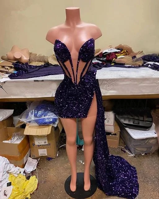 silver evening dress for summer -Hot Sale Sparkly Purple Sequin Party Dress Sleeveless Real Picture African Black Girl Short Prom Dresses c3144