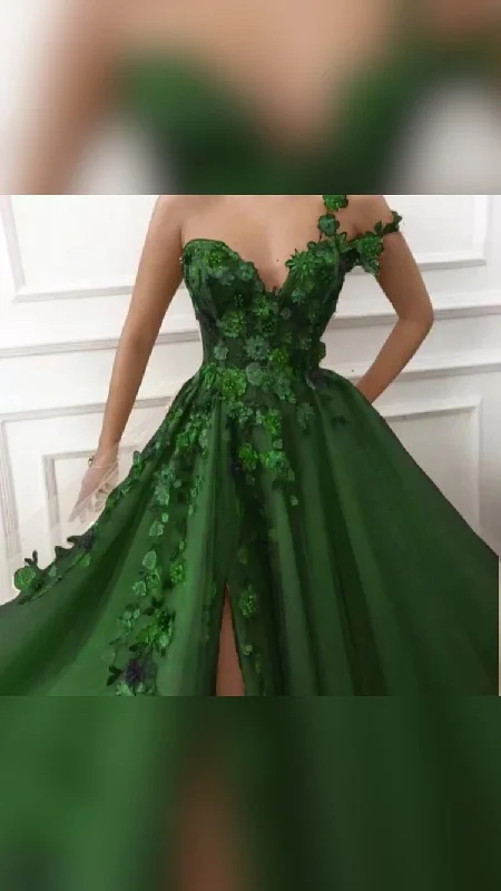 velvet evening dress for summer -Irregular Shoulder Straps Emerald Green Prom Dress  Flowers Appliques Evening Dress cc418