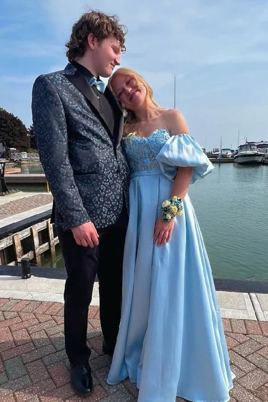 vintage evening dress for summer -Light Blue Sweetheart Long Prom Dress with Detachable Sleeves cc938