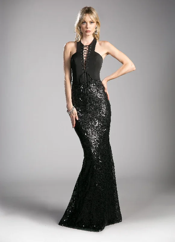 black evening dress with sleeves -Sequined Long Black Halter Dress by Cinderella Divine 62495