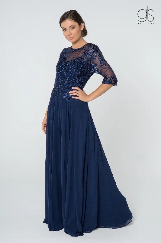 short evening dress for women -Long Embroidered Dress with Mid-Sleeves by Elizabeth K GL2812