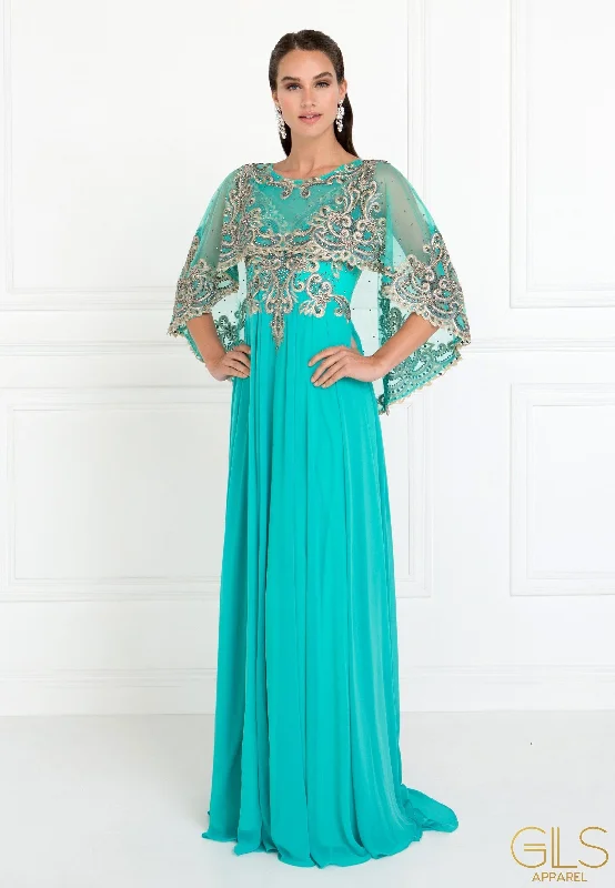 affordable evening dress for teens -Long Embroidered Cape Dress by Elizabeth K GL1527