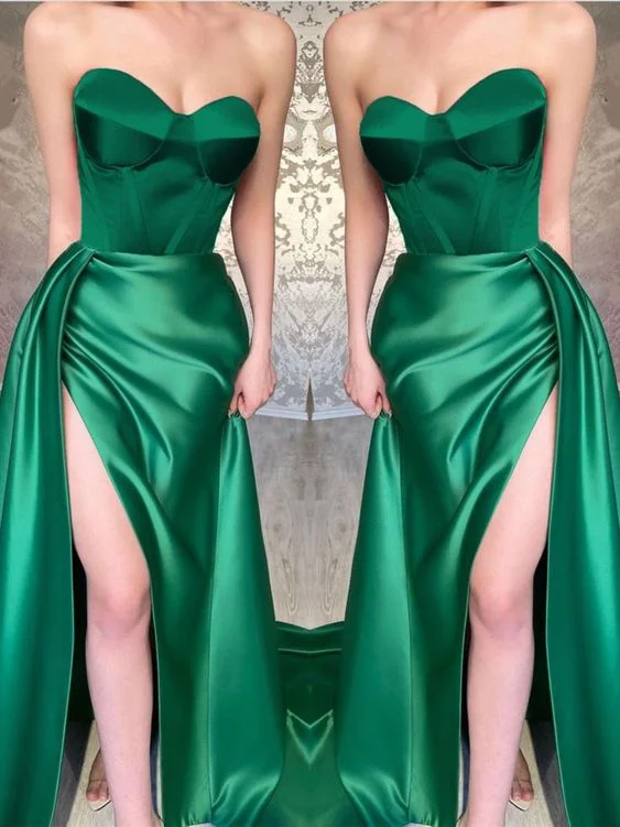 floral evening dress for travel -Long Emerald Green Corset Satin Prom Dress With Leg Slit c2792