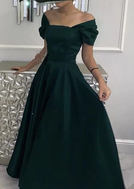 vintage evening dress with lace -Long Green Prom Dresses,Off the Shoulder Satin Formal Dress Outfits cc629