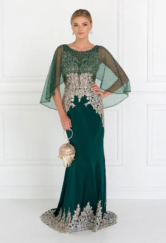 plus size evening dress for summer -Long Mermaid Cape Dress with Embroidery by Elizabeth K GL1595