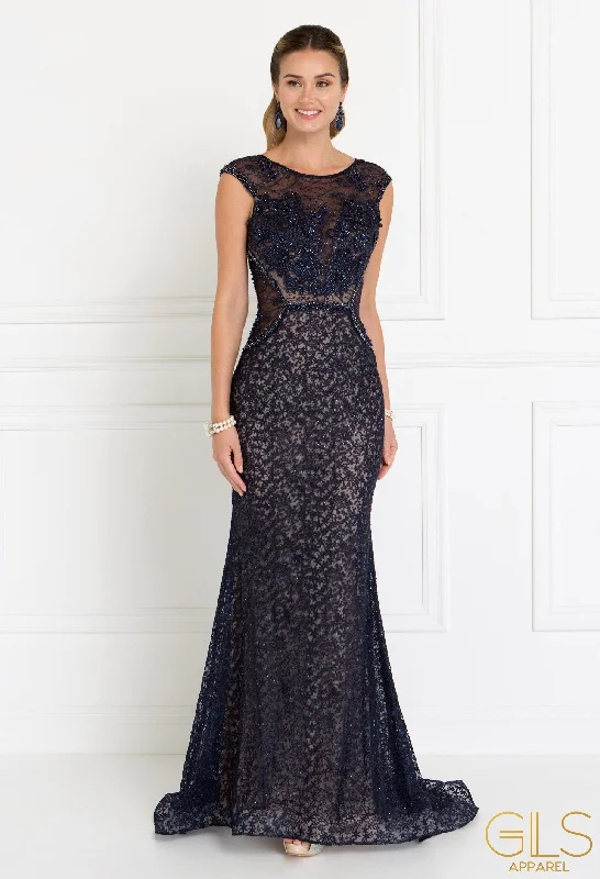 vintage evening dress for prom -Long Cap Sleeve Lace Dress by Elizabeth K GL1531