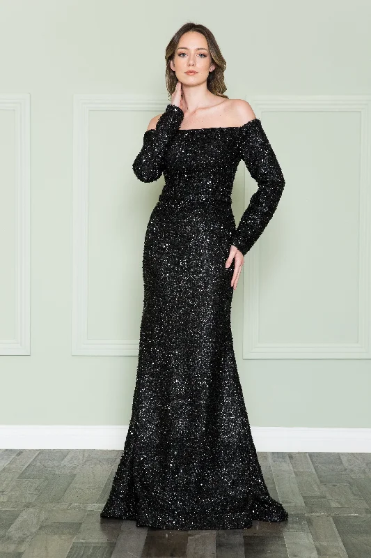 simple evening dress for summer -Long Off Shoulder Sequin Dress by Poly USA 8876