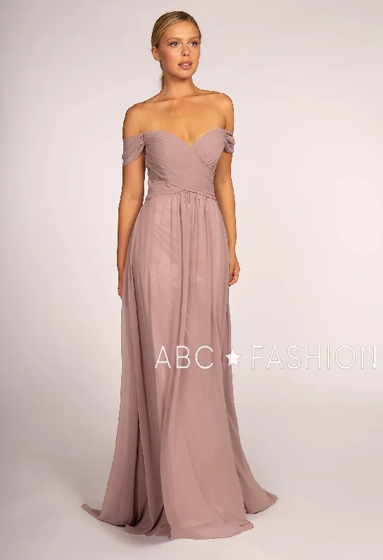 gold evening dress for summer -Pleated Long Off Shoulder Chiffon Dress by Elizabeth K GL2550