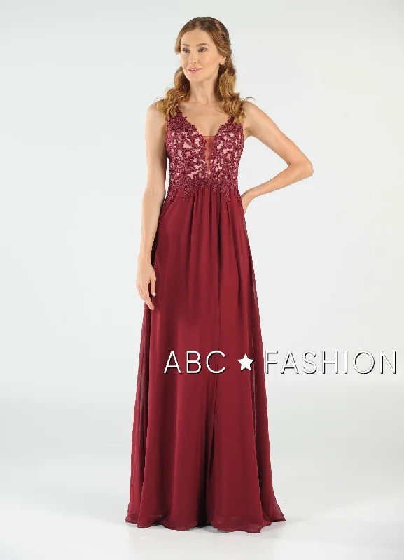 trendy evening dress with fringe -Long V-Neck Chiffon Dress with Lace Appliques by Poly USA 8012