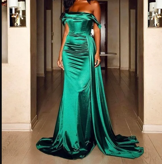 plus size evening dress for summer -Mermaid Green Satin Elegant Simple Party Long Prom Dresses, Evening Dress cc243