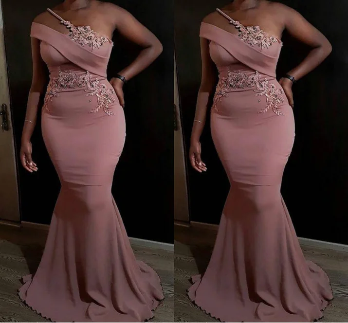 affordable evening dress for women -Sexy Blush Pink Arabic Aso Ebi Sexy Mermaid Prom Dresses Lace Applique Crystal Beaded Evening Gowns One Shoulder Formal Party Second Reception Robes c3488