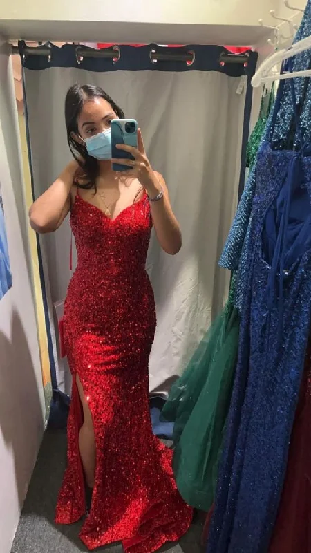 blue evening dress for summer -Mermaid Red Sequins Long Prom Dress With Side Slit cc384