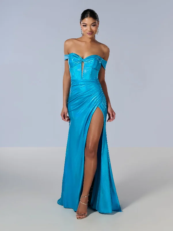 formal evening dress for prom -Metallic Off Shoulder Slit Gown by Tiffany Designs 16186