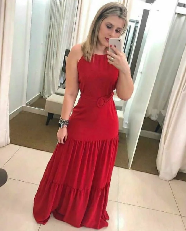 green evening dress for summer -Modest Red Sleeveless Long Prom Dress,Red Formal Gown cc774