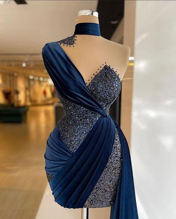 purple evening dress for summer -Navy Blue Velvet Sparkly Short Formal Train One Shoulder Short Prom Dresses Pleated Evening Gowns Sexy Party Dress c3075