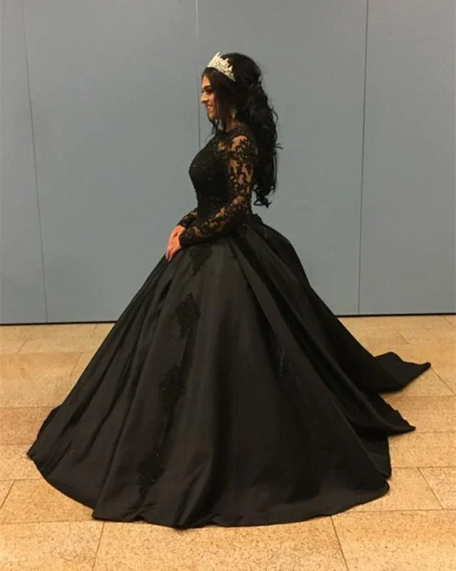 stylish evening dress for summer -New Arrival Black Long Sleeves Satin Ball Gown Prom Dresses With Appliques cc460