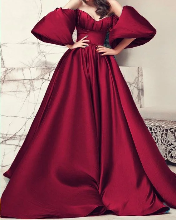 stylish evening dress for work -New Puffy Sleeves Prom Dresses Satin Long c2796