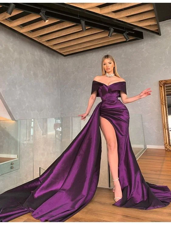 plus size evening dress for summer -Off Shoulder Mermaid Purple Satin Long Party Prom Dresses with Slit  cc181