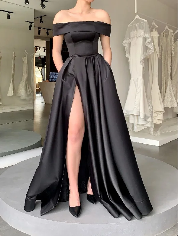 gold evening dress for prom -Off Shoulder Satin Evening Dress for Wedding High Slit Long Formal Dress Elegant A Line cc627