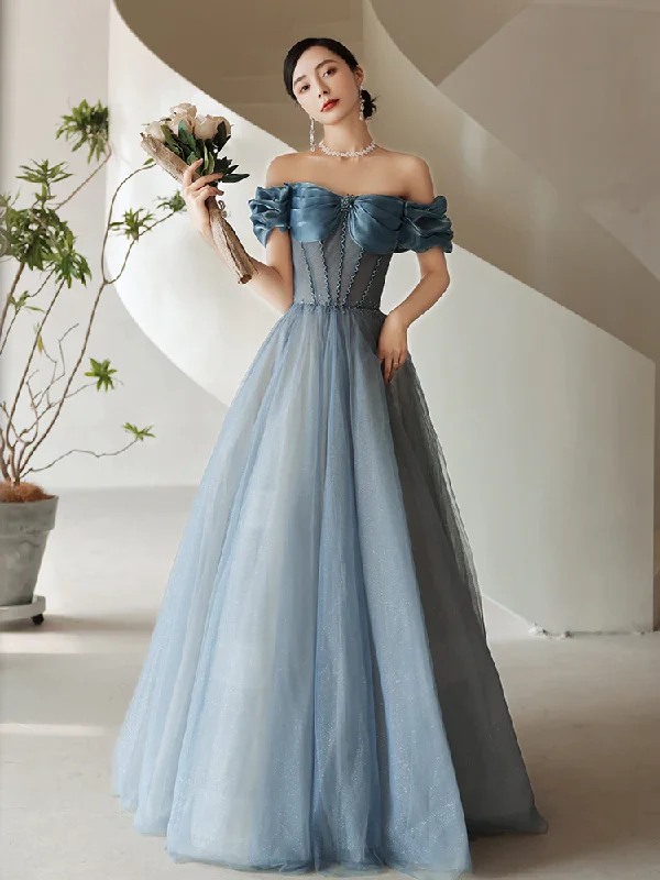 chic evening dress for dinner -Fashion Women Evening Dress Floor Length Grey Blue Boat Neck Elegant A Line Dress Long Prom Dress cc64