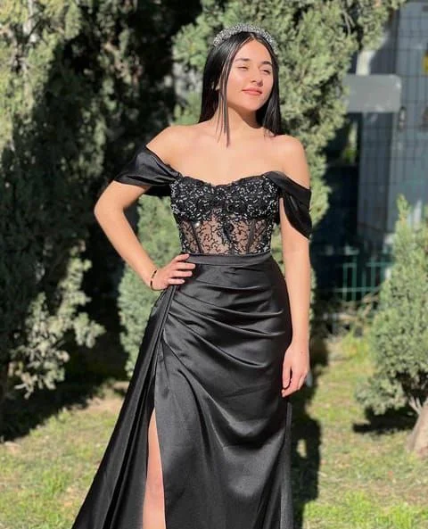 silver evening dress for summer -Off The Shoulder Black Prom Dress Leg Hight Split Elegant Evening Dress c2922