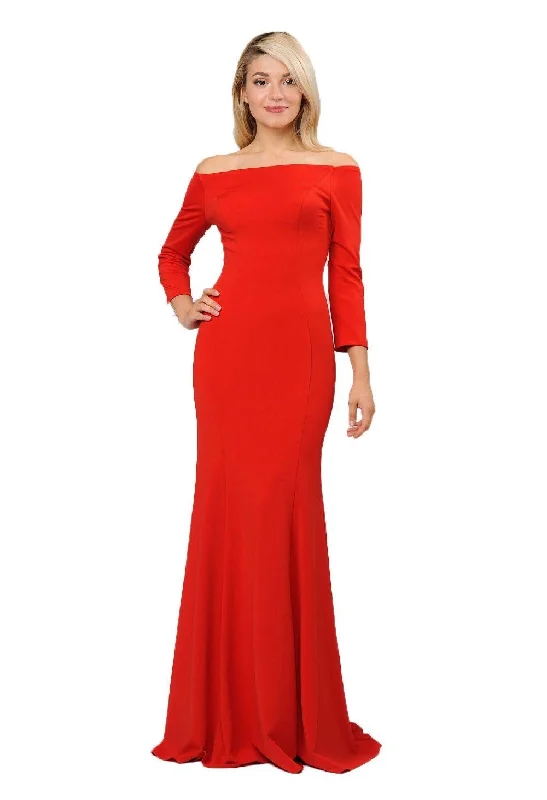 modern evening dress for night -Off the Shoulder Gown with Long Sleeves by Poly USA 8378