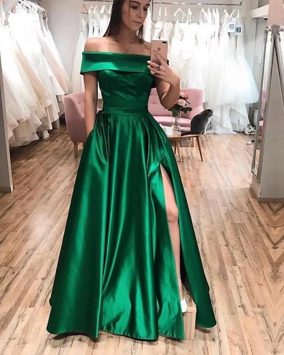 purple evening dress for summer -Off the Shoulder Hunter Green Prom Dress, Long Evening Party Formal Gowns cc240