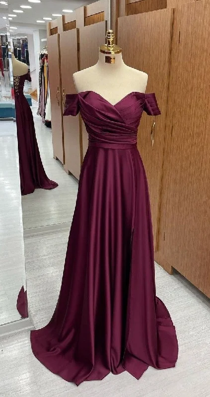 elegant evening dress for summer -Off The Shoulder Satin Long Prom Dress,Graduation Dress cc502