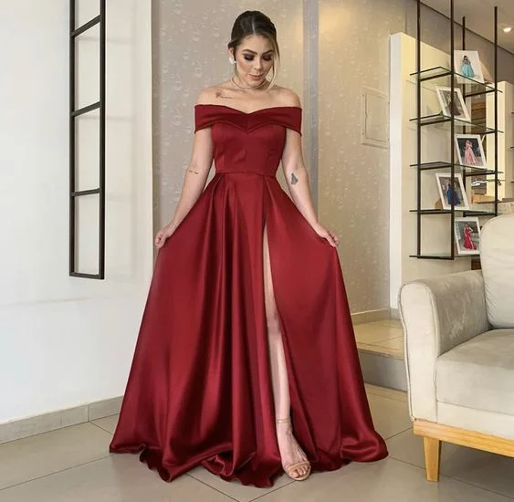 pink evening dress for summer -Off The Shoulder Satin Long Prom Dress Simple Burgundy Evening Dress cc293